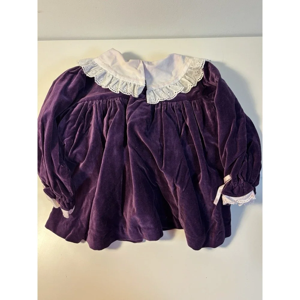 Vintage Girls 24M Purple Velour Dress Lace Collar Floral Embroidery 29991